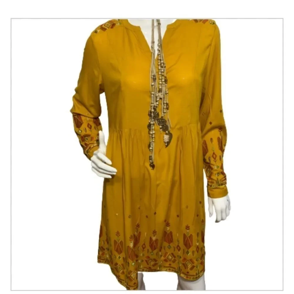 Beach Lunch Lounge Mustard Yellow Aztec Finely Embroidered Boho Dress - S‎